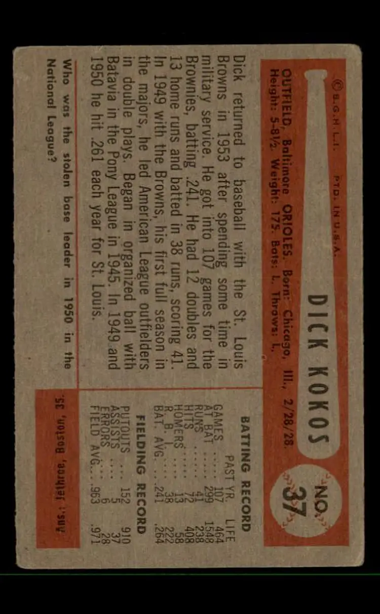 1954 Bowman #37 Dick Kokos - (pk-tl3) - Baltimore Orioles