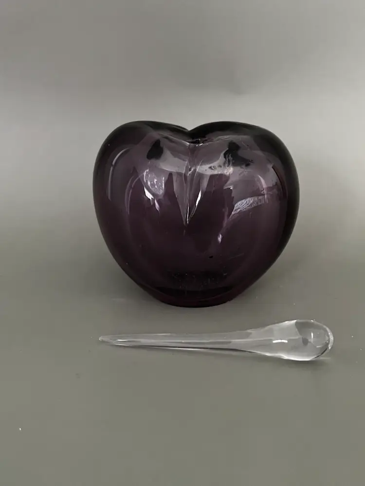 Vintage Heart Shaped MCM Art Glass Purple Perfume Bottle and Tear Shaped 
Stopper
