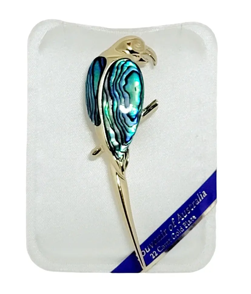 Australian Paua Shell Blue Abalone 22K Gold Plated Parrot Bird Brooch Pin