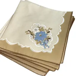 Vintage Sunweave Linen USA Napkins In Victorian Blue Flower Design Set Of 5