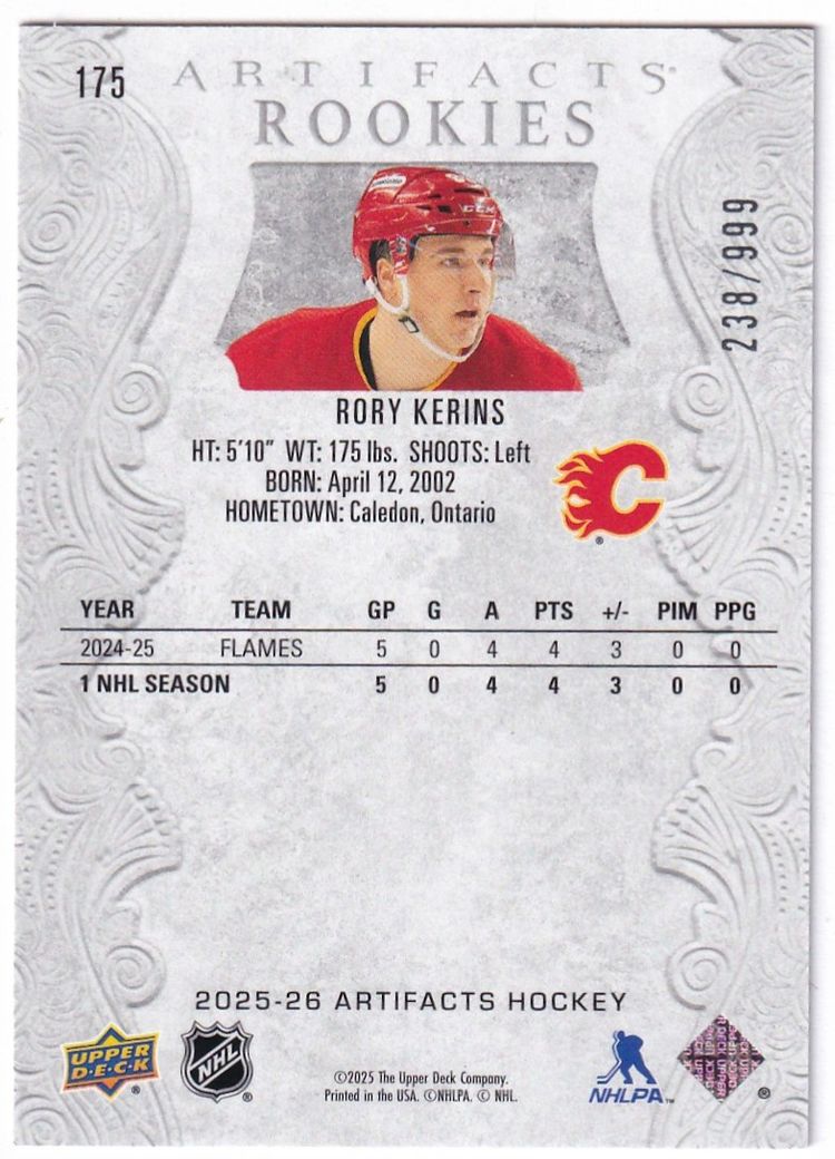 2025-26 Artifacts #175 Rory Kerins RC Calgary Flames Hockey Card