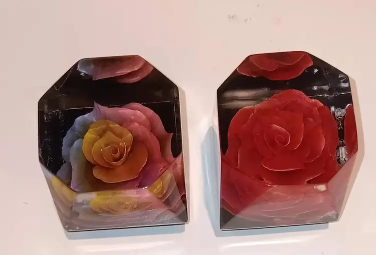 Pair Of Lucite Paperweights with Roses