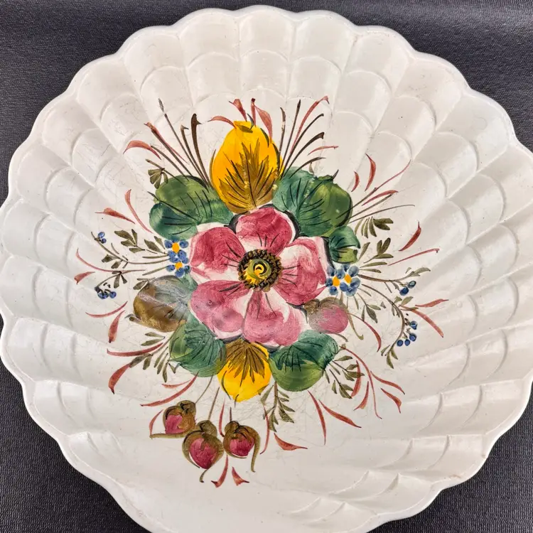 Vintage Italian Pottery Large Scalloped Edge Bowl Hand Painted Florals Italy