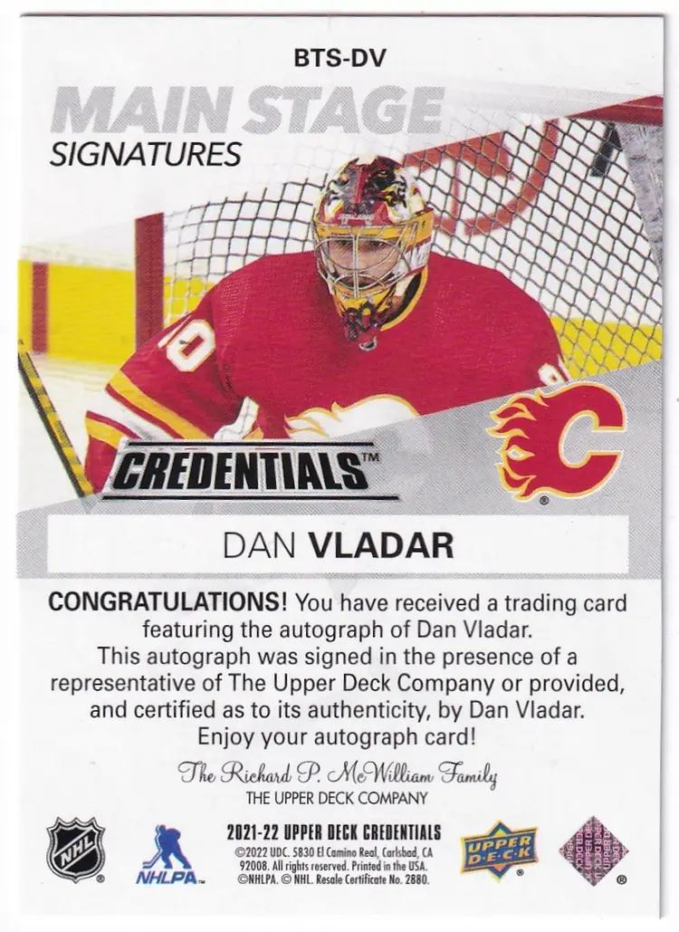 2021-22 Upper Deck Credentials Main Stage Signatures #BTSDV Dan Vladar Calgary Flames Hockey Card