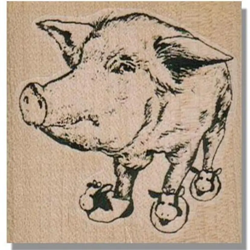 Pig Wearing Cow Slippers Rubber Stamp