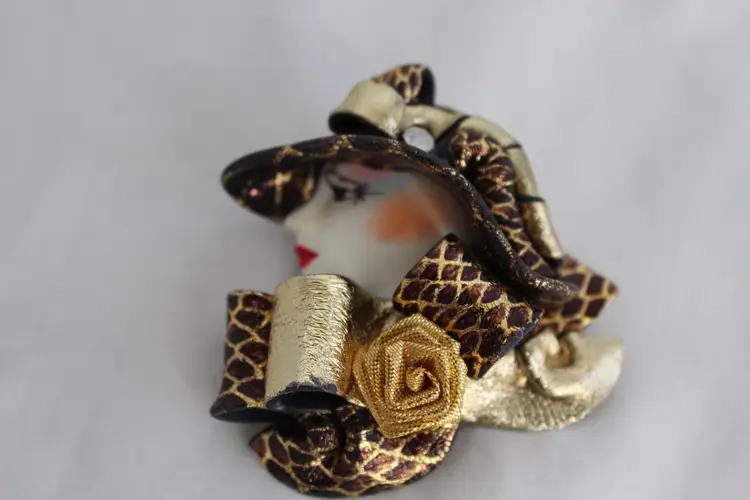 Vintage 1980’s  Ceramic Lady Face Brooch, Textured Gold Color Hat, Hand Painted