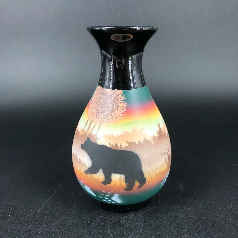 Cedar Mesa Bear Valley Navajo Signed Black Painted Bud Vase Southwest Style