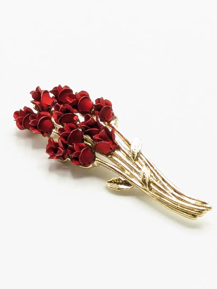 Vintage Danbury Mint Dozen Red Roses Brooch Pin 1997 Gold Tone
