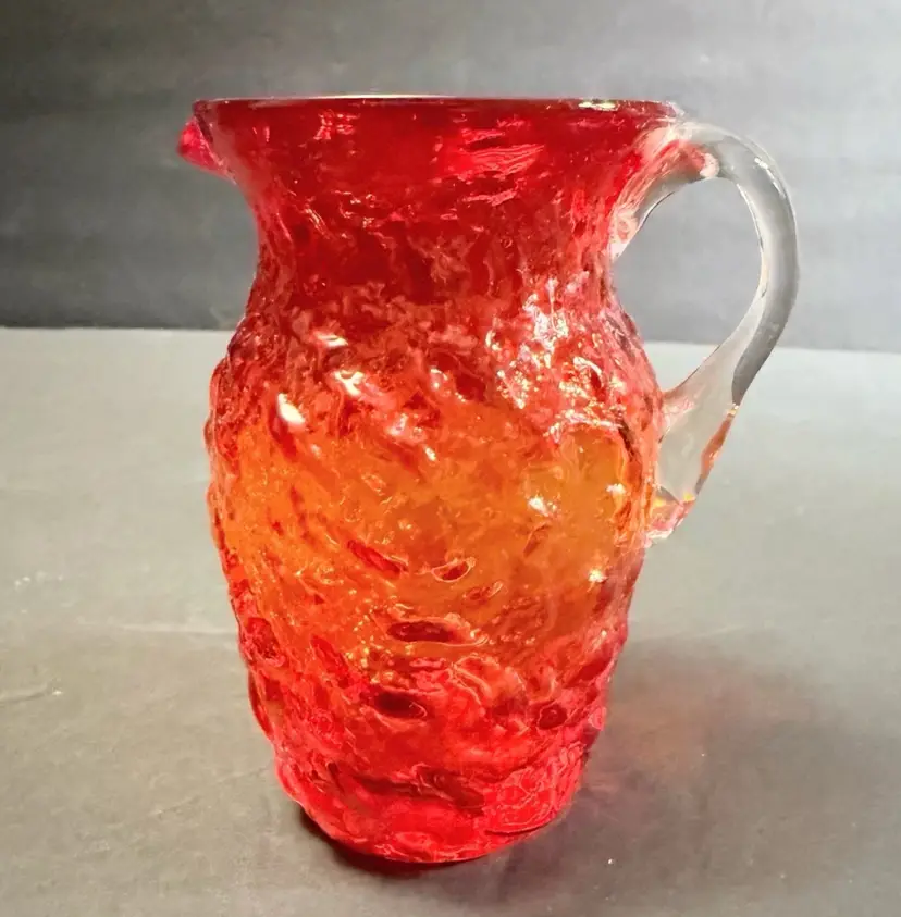 Vintage Pilgrim Glass Amberina Crinkle Creamer Hand Blown Applied Handle
