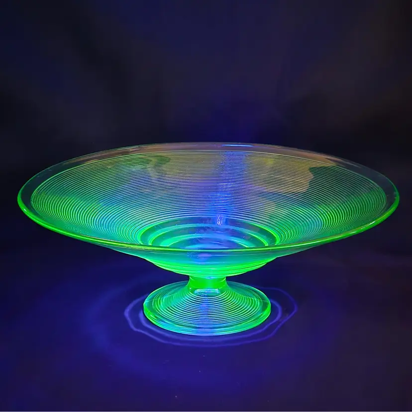 Uranium Vaseline Ribbed Console Fruit Centerpiece Foot Bowl Glowy 1920s Antique