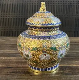 Antique Handmade Chinese Foo Dog Enamel Cloisonné Ginger Jar 8”