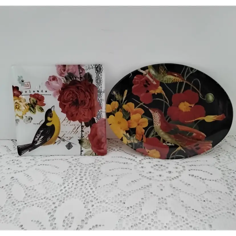 Glass Soap Dish/Trinket Dish set of 2 w/Bird Designs