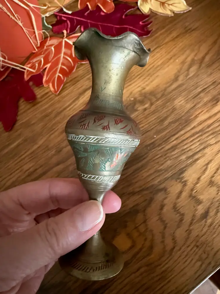 Vintage Brass Bud Vase – 5 Inch Hand Etched & Enameled Mid Century Indian Brassware – Small Decorative Vase
