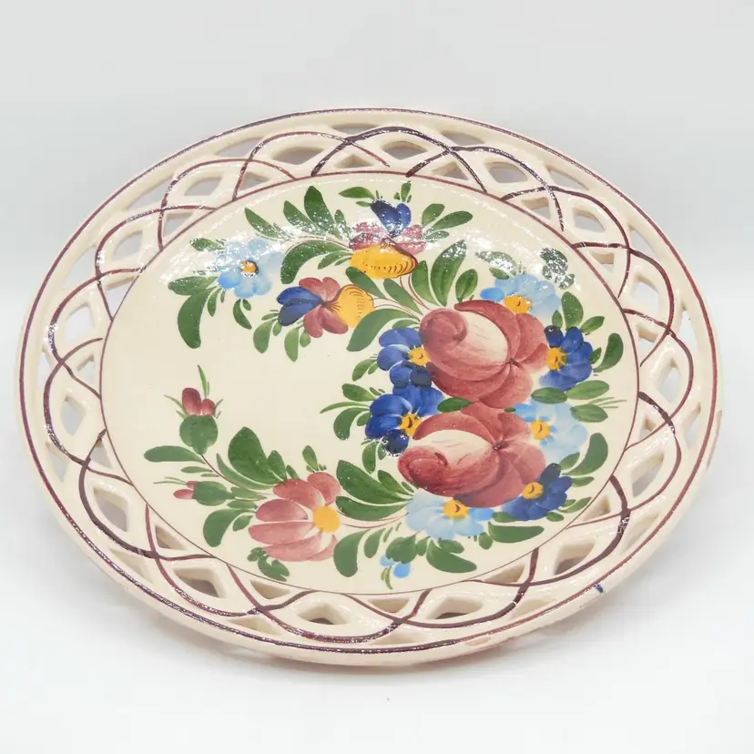 Vintage Hand Painted Floral Hungarian Reticulated Pottery Decorative Plate