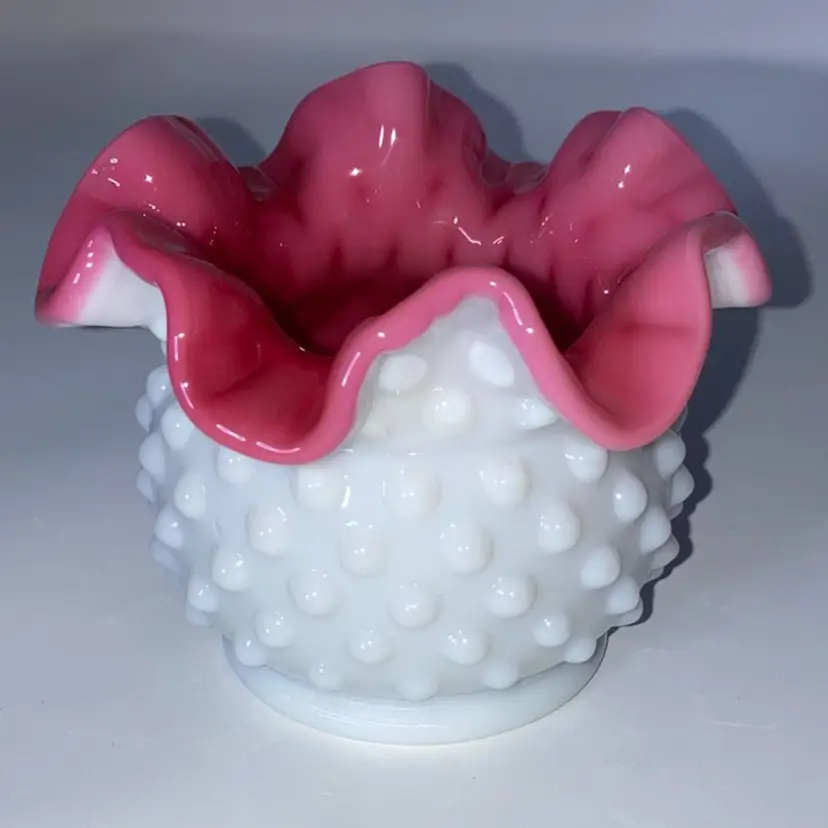 Vintage Fenton "Peach Blow" Hobnail Vase! Ruffled Crimped Pink Interior White Hobnail Exterior! 3” Tall 3 1/2” Wide!