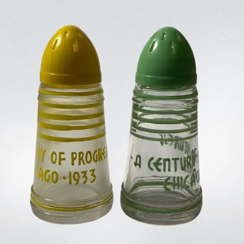 Century Of Progress 1933 Chicago Striped Glass Salt Pepper Shakers 3.5"