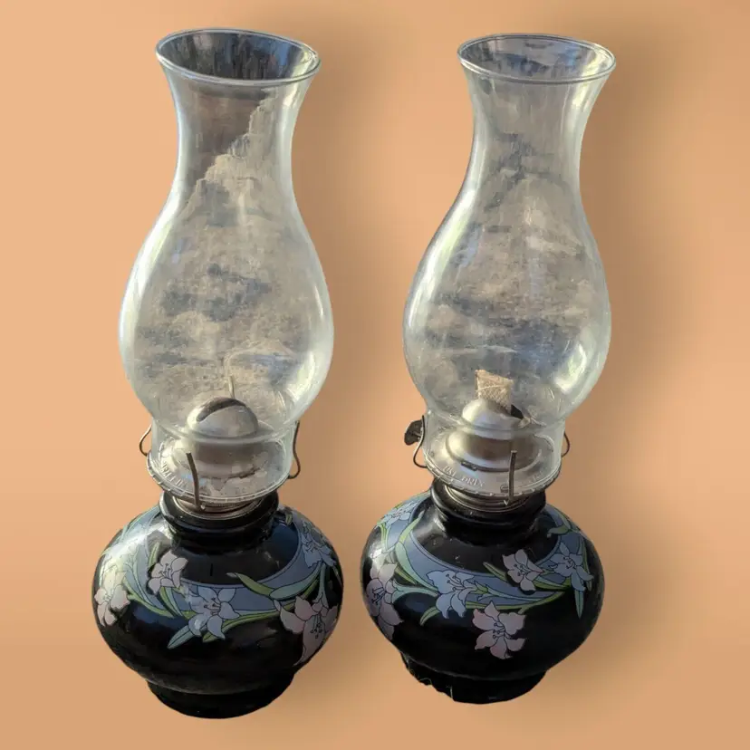 Pair 1980 Kaadah Ltd Black Floral Oil Lamp Base Glass Globe 14.5"H 6"D Vintage