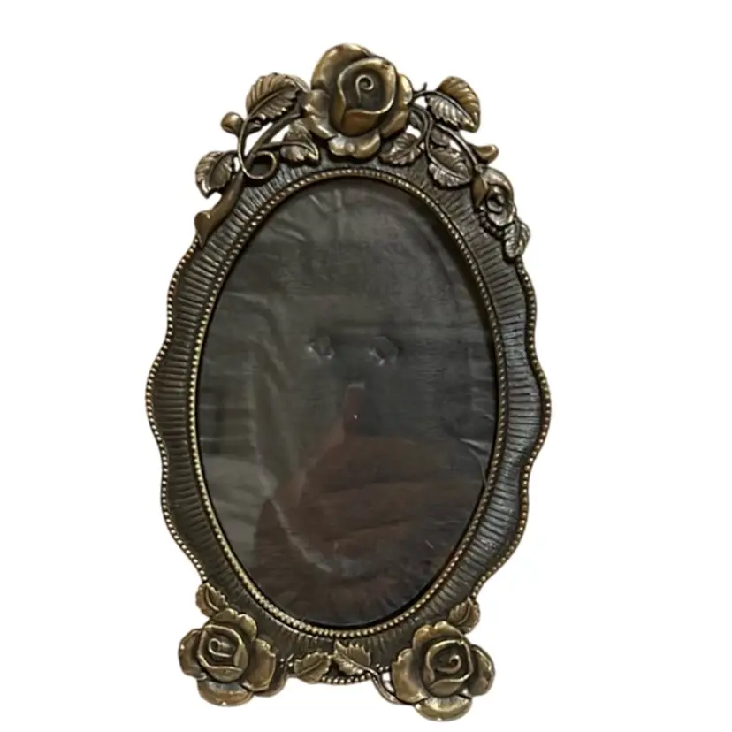 Oval Easel Back Picture Frame-Metal - Bronze Finish-Roses-6 1/2" X 4 1/2"
