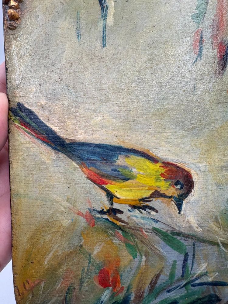 Painted Bird On Wood With Ornate Gold Trim 7.5” x 5.5”