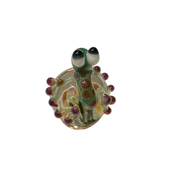 Marble Or Mini Paperweight - Boomwire Art Glass Frog On Lampwork Flower Marble - 1.75”