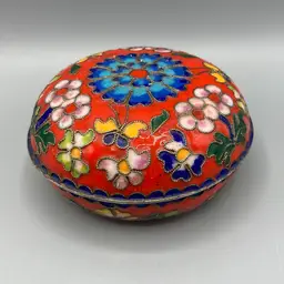 Cloisonne Enameled Round Lidded Trinket Box Red with Florals 3.5" across