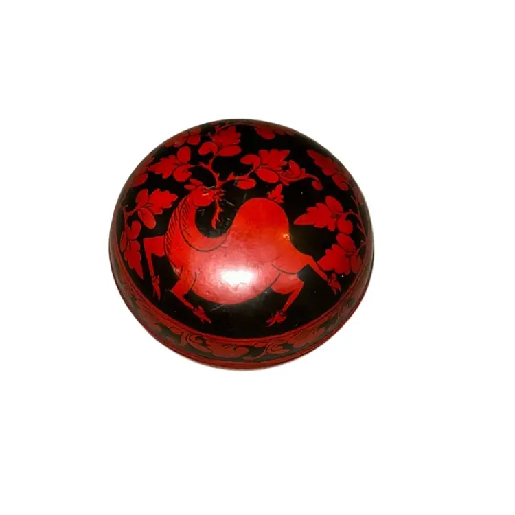 Vintage Hand Painted Japanese Lacquer Round Box Red Black Deer and Floral Design Japan