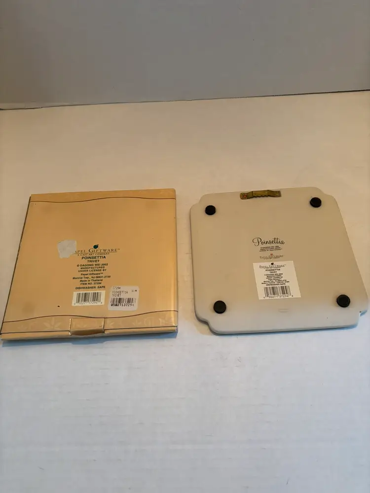 Vintage Poinsettia Trivet Ceramic Papel Giftware in Original Box w/ Wall Hanger