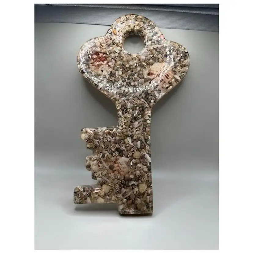 Vintage Lucite Seashell Encrusted Key Wall Hanging ~ Nautical Decor ~ 11.5 inches tall