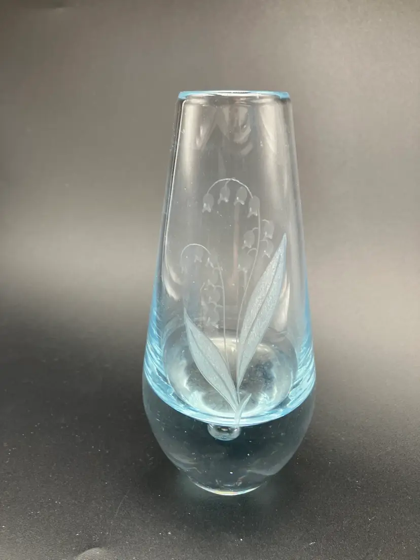 BIN - Light Blue Randsfjord Handblown Glass Etched Bluebell Crystal Vase Controlled Bubble Base 6”