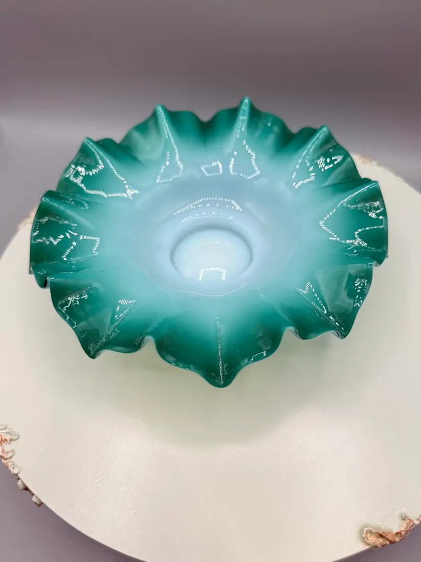 Antique Opalescent HandBlown Glass bowl with Ruffled Green Edge.