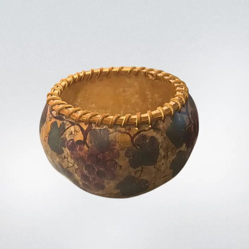 Hand-Painted Gourd Bowl with Leather Ribbon Trim