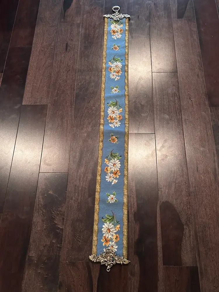 Vintage Needlepoint, Bell Pull Blue & Floral Tapestry Wall Hanging With Decorative Hardware