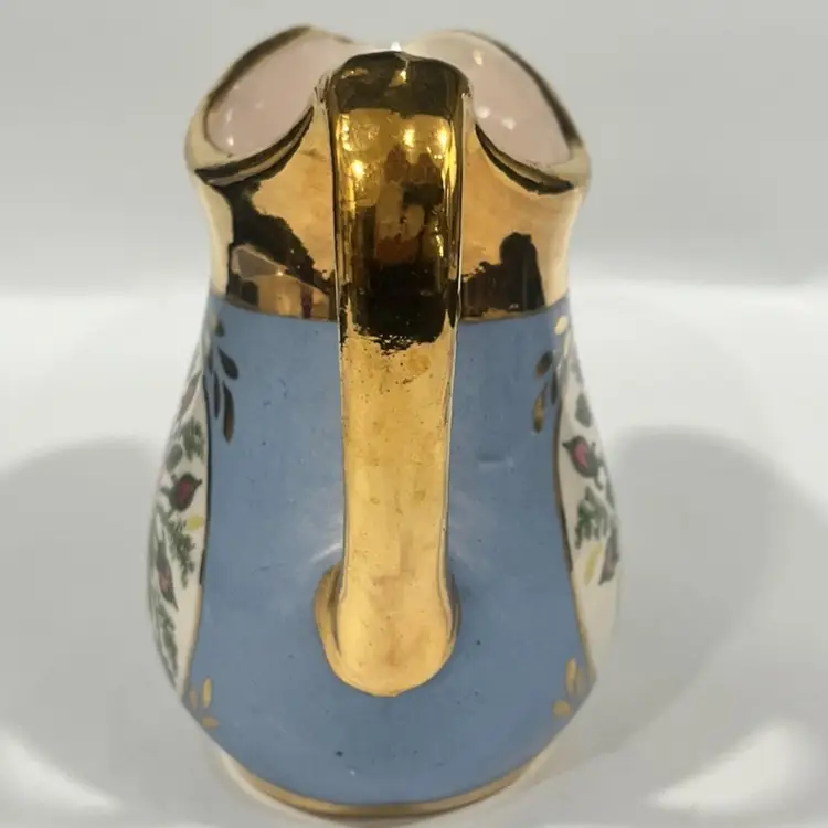 Porcelain- Hand Painted Creamer – Blue- Gold Detail with Pink Rose Bouquet, Numbered -4.5” Tall