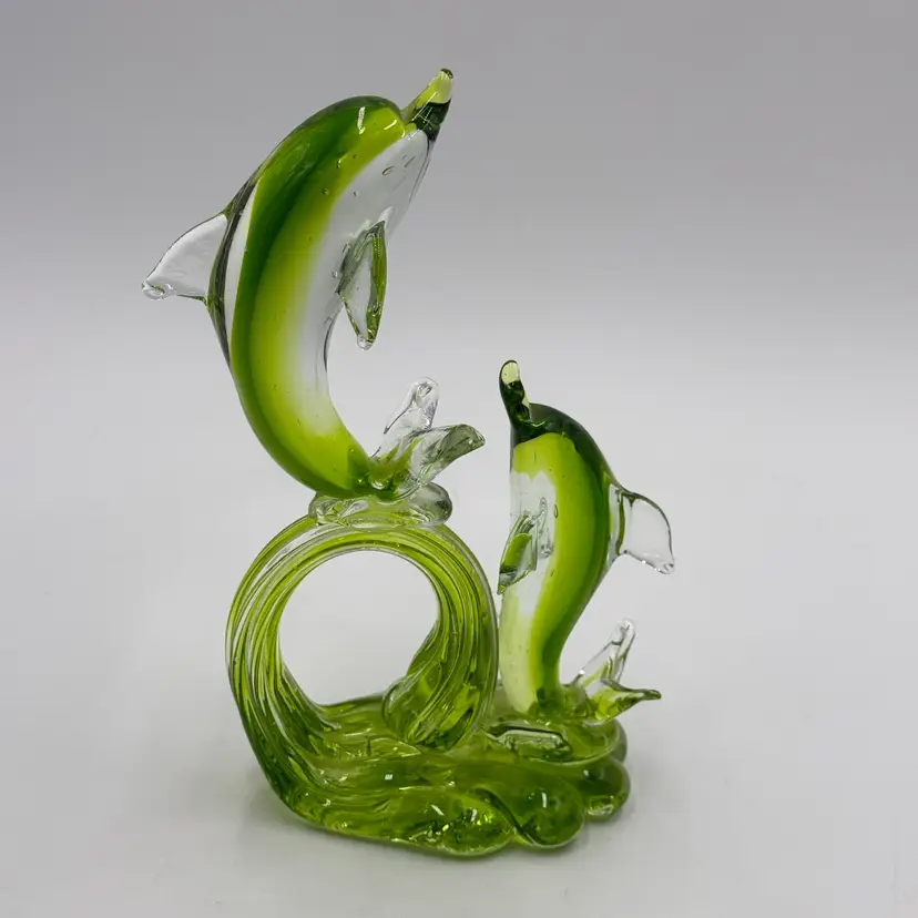 Blown Art Glass Jumping Dolphins On Wave Green And Clear Vintage Figurine