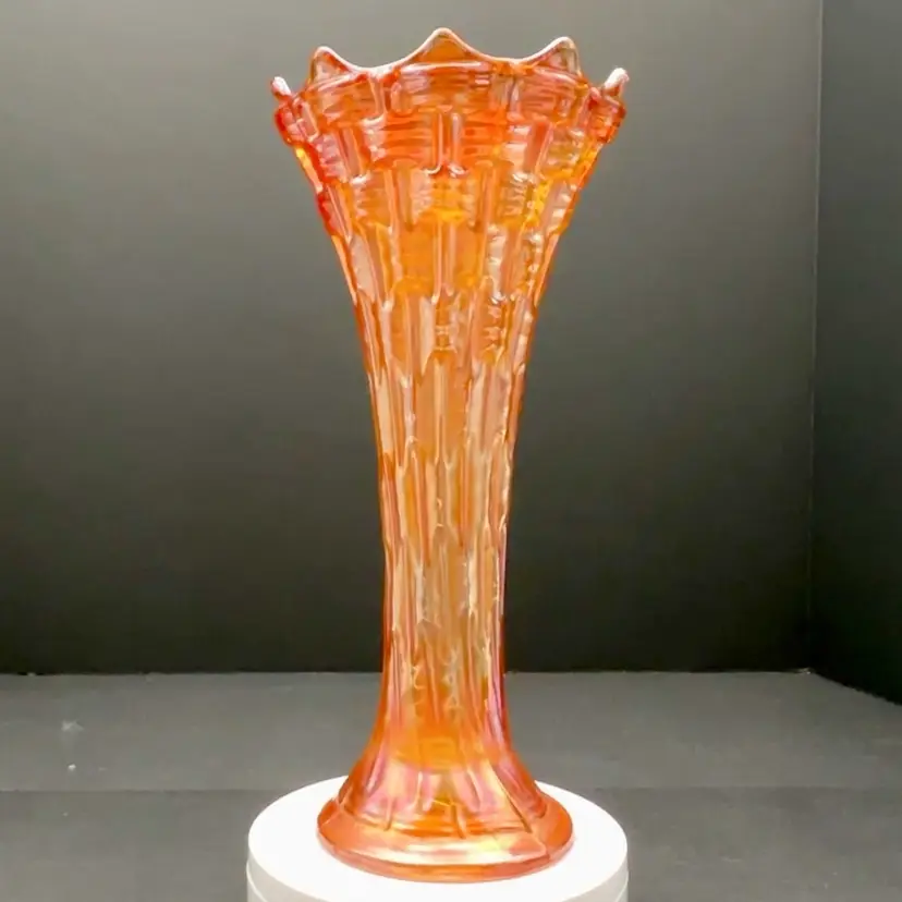 Antique  Dugan Big Basket Weave 9-Point Marigold Carnival Glass Stretch Vase