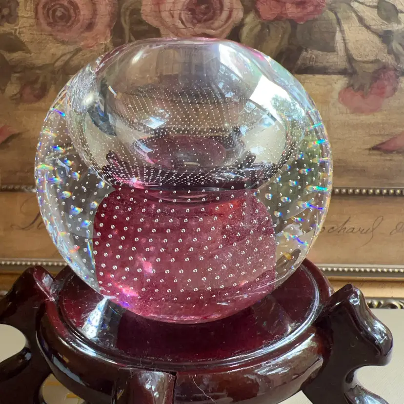 Vintage Controlled Bubble, Glass, Paper, Weight, Small Opening In Top Pink And Clear 3.25”