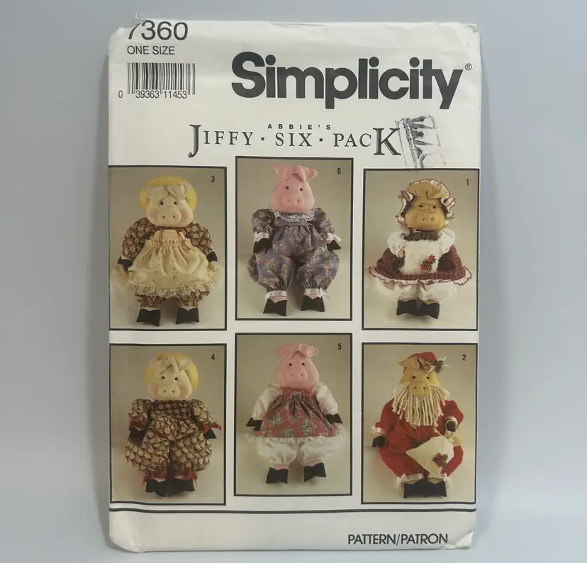 Vintage Simplicity Sewing Pattern #7360 Abbies Jiffy Six Pack Stuffed Pig w/ Clothes 1991