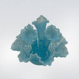 Epergne - Vintage Fenton Glass Blue Opalescent Hobnail 3 Horn Epergne -8”W