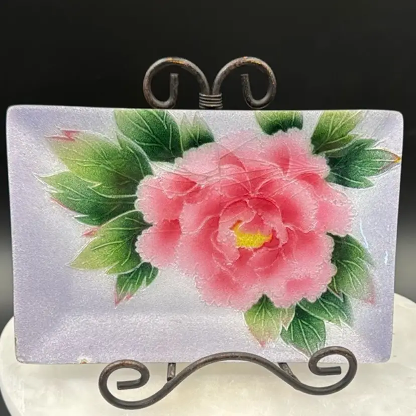 Japanese Closisonne Art Enamel On Copper Rectangular Dish With Cherry Blossom Design.