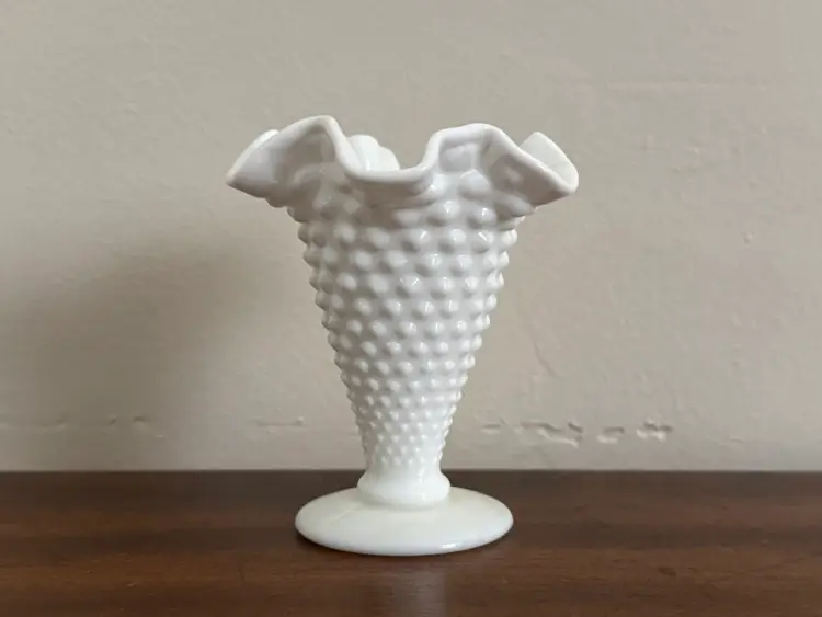 Vintage Fenton Milk Glass Hobnail Trumpet Vase Ruffled Edges
