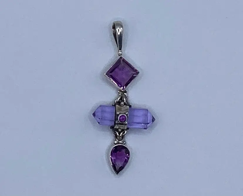 #18 My 1st Show Pendant Marked And Tested Sterling Silver 925 With 3 Amethyst Stones And One Glass Stone 2 & 1/2” In Length