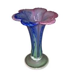 05. Abstract Art Glass Hand Blown Flower Blue/Pink/Green Vase 6.25”