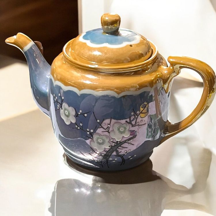 014 luster wear blue and gold cherry blossoms hand painted tea pot 7" x 9"