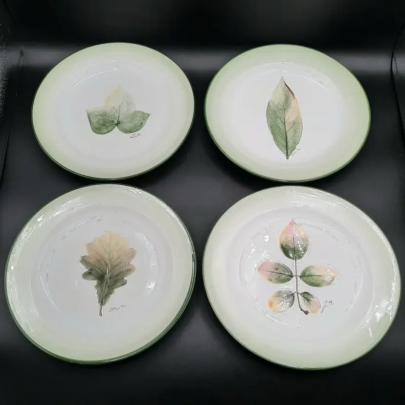 Vintage Handpainted Pressed Leaf Motif Design Plates Green Rim Set of 4 Different Designs