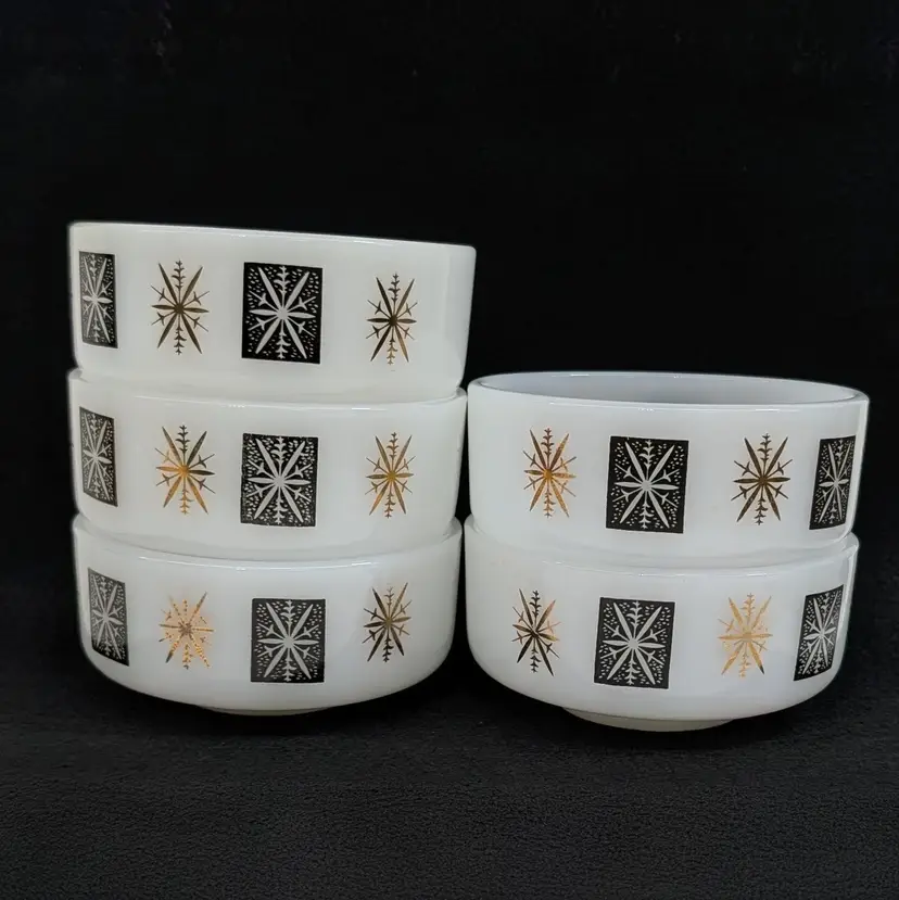 Vintage 5 Federal Glass Fire King Milk Glass Gold Black Sputnik Snowflake Bowls