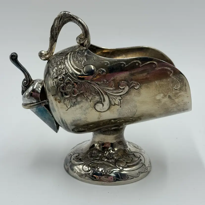 Silver Plated Vintage Sugar Scuttle With Scoop Embossed Floral Pedestal Base.