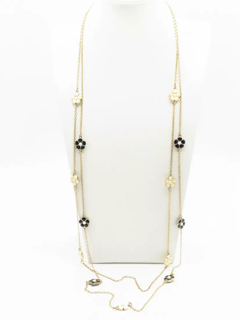 Black and Ivory with Faux Pearl Center Floral Double Strand Necklace Gold Tone