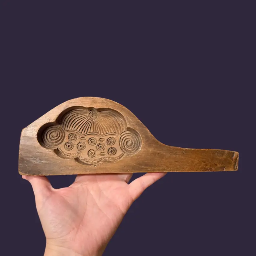 Antique Asian Hand Carved Wood Butter Rice Cake Mold, Primitive Decor