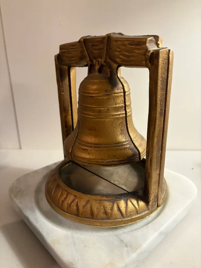 Vintage Cast Metal Liberty Bell Bookends Pair 6" Tall Door Stop Felt Bottom