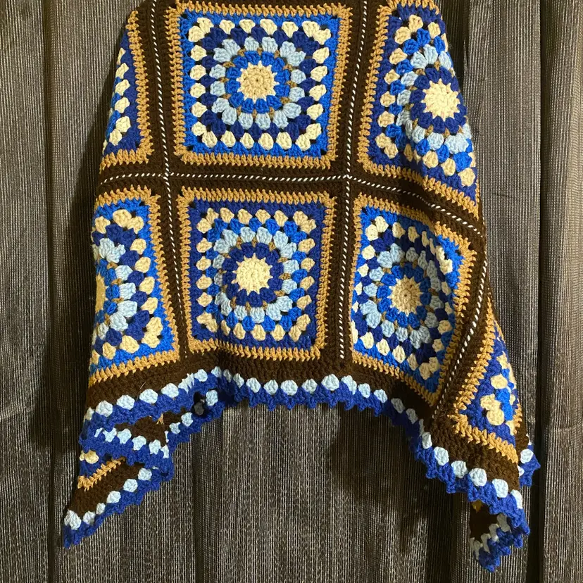 VTG Crochet Afghan Poncho or Shawl - Brown Blue & White Granny Square Pattern